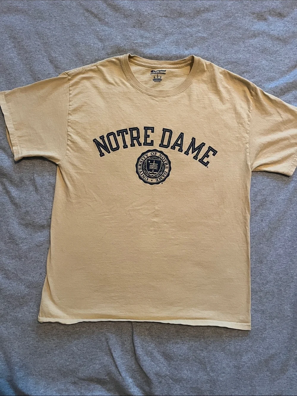 Champion Crewneck Tee - Beige with Navy Notre Dame Logo size L - Picture 1 of 7